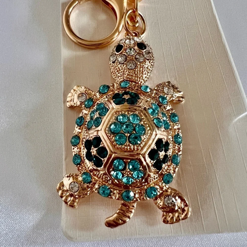Turtle Key Chain Or bag Charm Teal/Blue Crystal Rhinestone Gold Tone Hardware